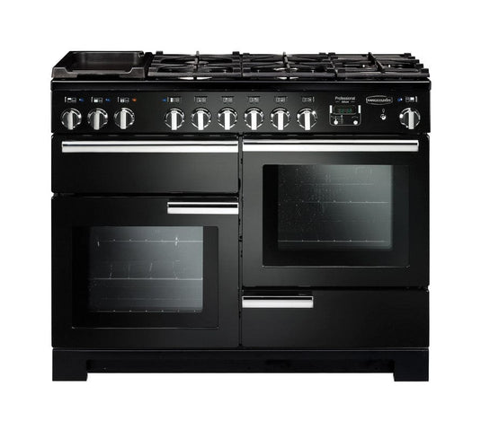 dual fuel rangemaster professional deluxe 110 in black with chrome trim