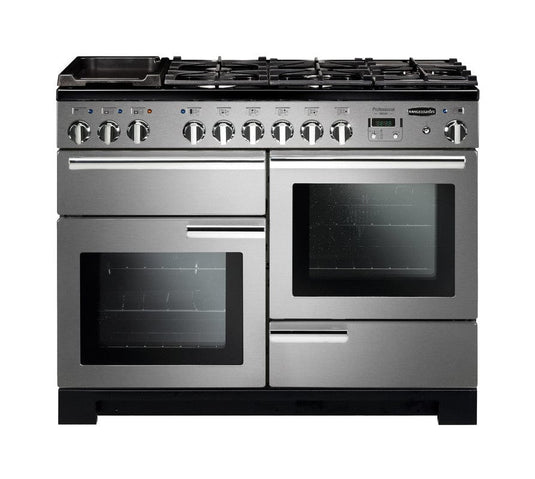 dual fuel rangemaster professional deluxe 110 in stainless steel with chrome trim
