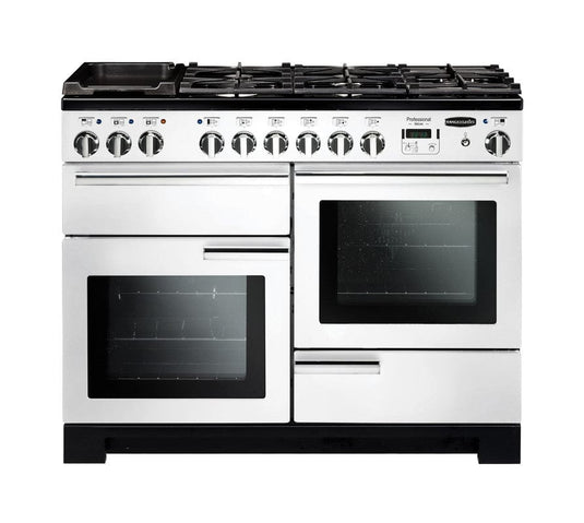 dual fuel rangemaster professional deluxe 110 in white with chrome trim