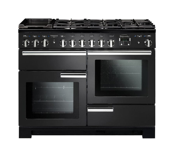 dual fuel rangemaster professional deluxe 110 in charcoal black with chrome trim