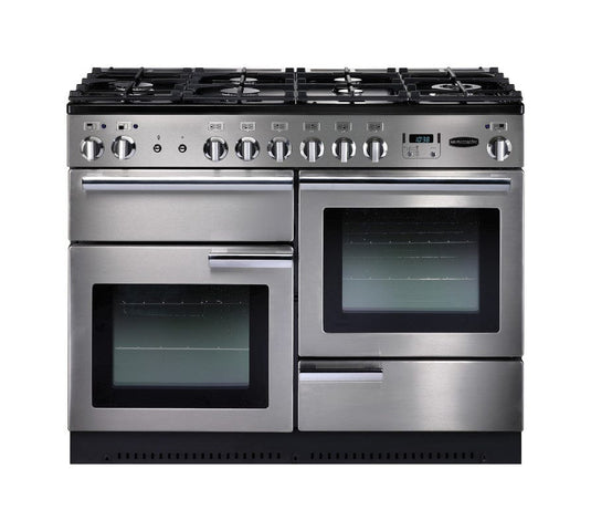 dual fuel rangemaster professional plus 110 in stainless steel with chrome trim