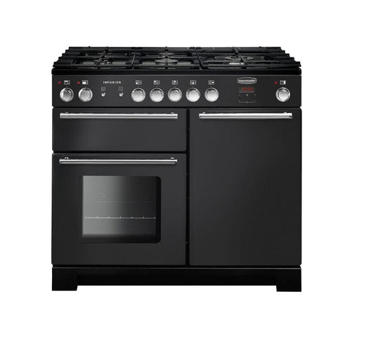 dual fuel rangemaster infusion 100 in black with chrome trim