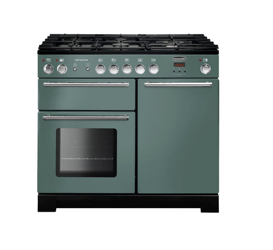 dual fuel rangemaster infusion 100 in mineral green with chrome trim