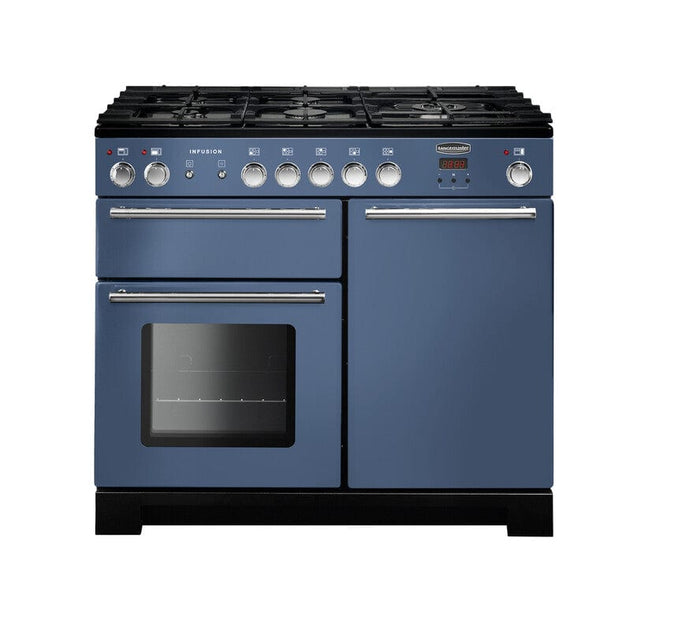dual fuel rangemaster infusion 100 in stone blue with chrome trim