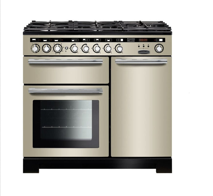 dual fuel rangemaster encore deluxe 100 in ivory with chrome trim