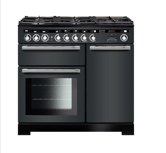 dual fuel rangemaster encore deluxe 100 in slate with chrome trim