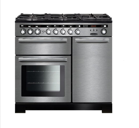 dual fuel rangemaster encore deluxe 100 in stainless steel with chrome trim