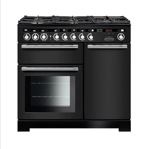 duel fuel rangemaster encore deluxe 100 in charcoal black with chrome trim