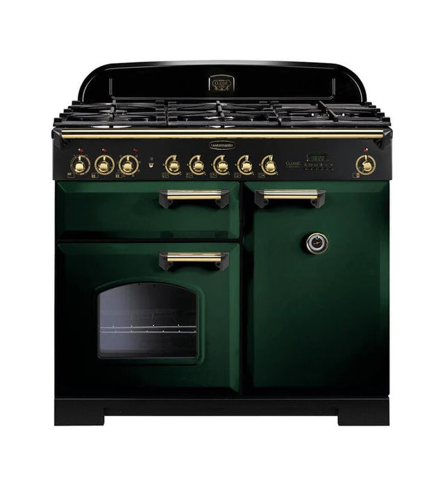 dual fuel rangemaster classic deluxe 100 in green with brass trim