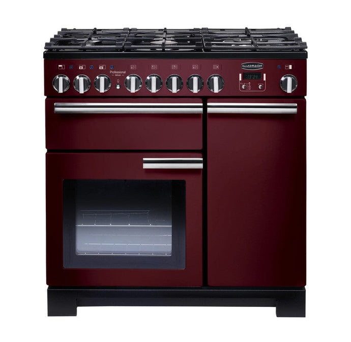 dual fuel rangemaster professional deluxe 90 in cranberry with chrome trim