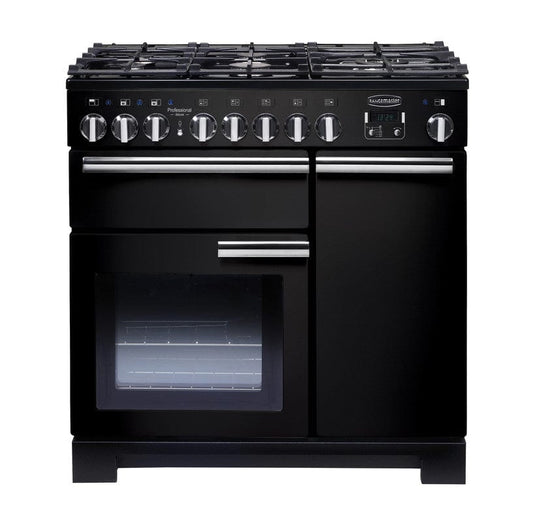 dual fuel rangemaster professional deluxe 90 in black with chrome trim