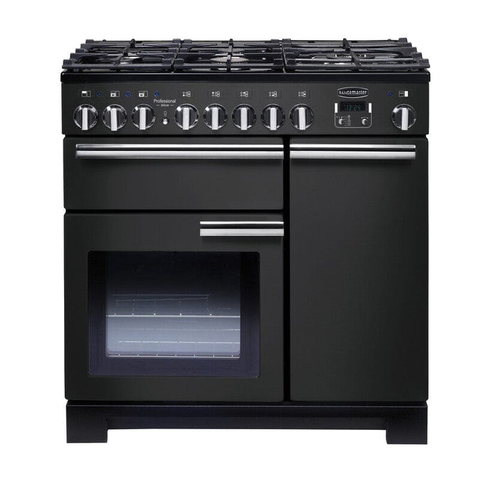 dual fuel rangemaster professional deluxe 90 in charcoal black with chrome trim