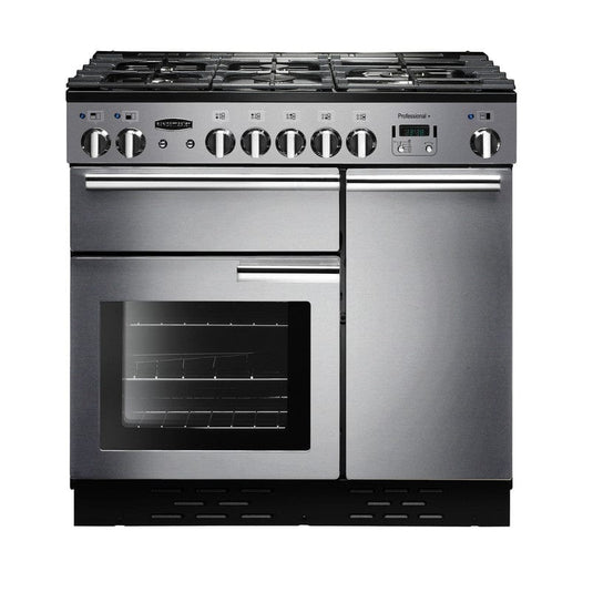 dual fuel rangemaster professional plus 90 in stainless steel with chrome trim