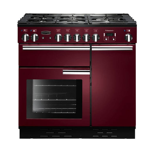 natural gas rangemaster professional plus 90 in cranberry with chrome trim
