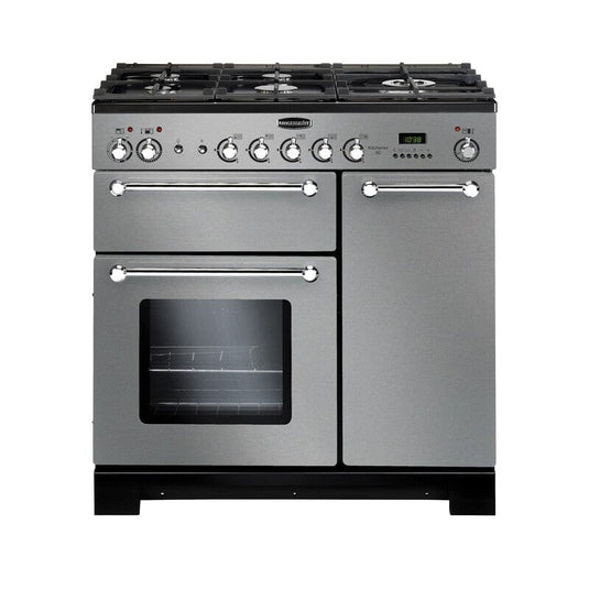 dual fuel rangemaster kitchener 90 in stainless steel with chrome trim