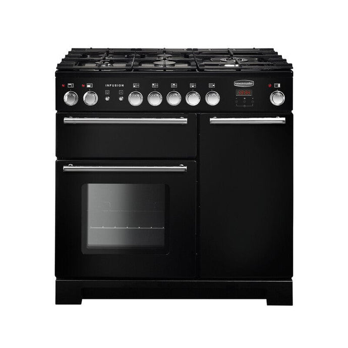 dual fuel rangemaster infusion 90 in black with chrome trim