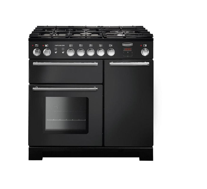 dual fuel rangemaster infusion 90 in charcoal black with chrome trim