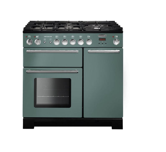 dual fuel rangemaster infusion 90 in mineral green with chrome trim