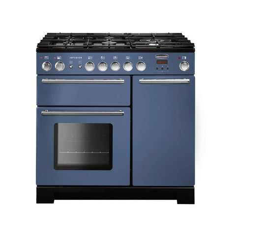 dual fuel rangemaster infusion 90 in stone blue with chrome trim