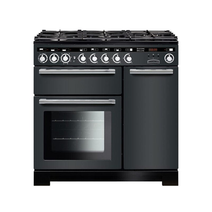 dual fuel rangemaster encore deluxe 90 in slate with chrome trim