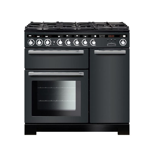 dual fuel rangemaster encore deluxe 90 in slate with chrome trim