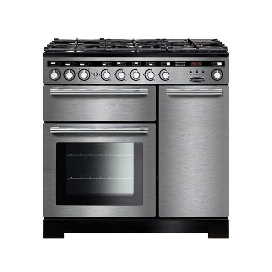 dual fuel rangemaster encore deluxe 90 in stainless steel with chrome trim