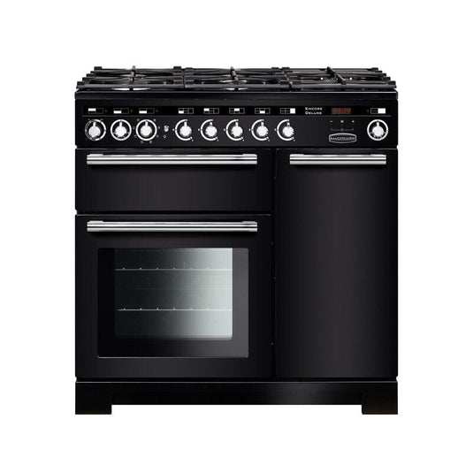 dual fuel rangemaster encore deluxe 90 in charcoal black with chrome trim