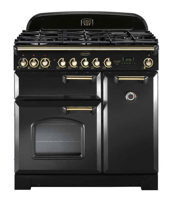 dual fuel rangemaster classic deluxe 90 in black with brass trim