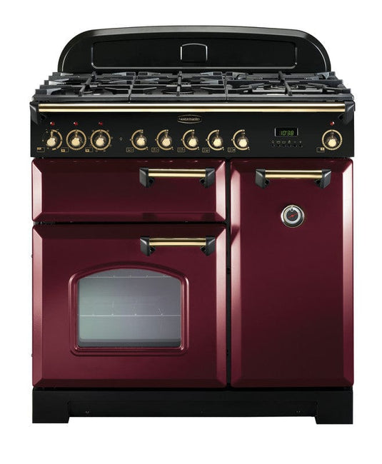 dual fuel rangemaster classic deluxe 90 in cranberry with brass trim