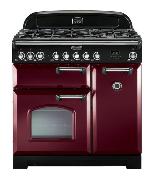 dual fuel rangemaster classic deluxe 90 in cranberry with chrome trim