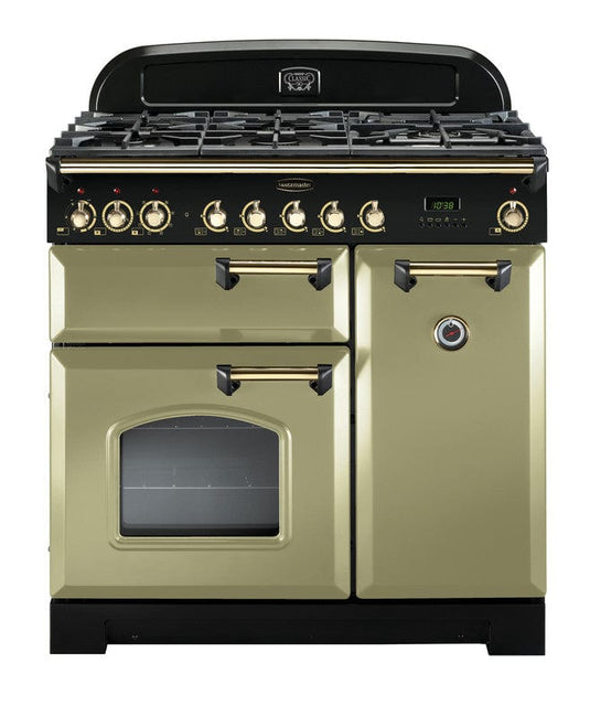 dual fuel rangemaster classic deluxe 90 in olive green with brass trim