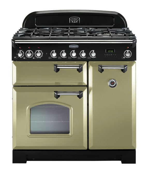 dual fuel rangemaster classic deluxe 90 in olive green with chrome trim