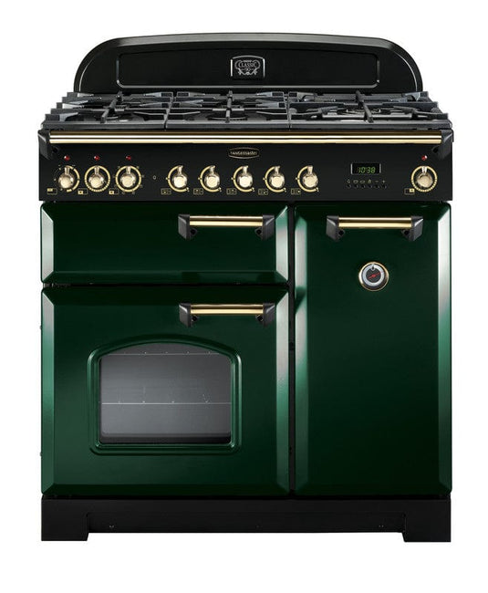 dual fuel rangemaster classic deluxe 90 in green with brass trim