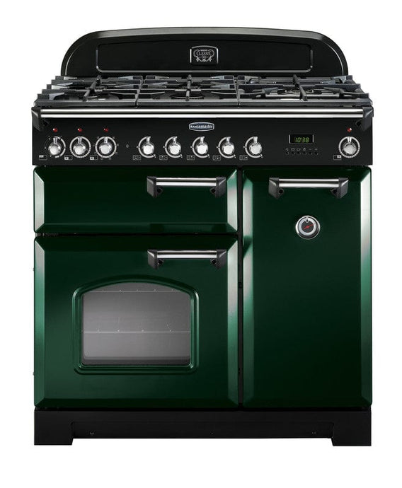 dual fuel rangemaster classic deluxe 90 in green with chrome trim
