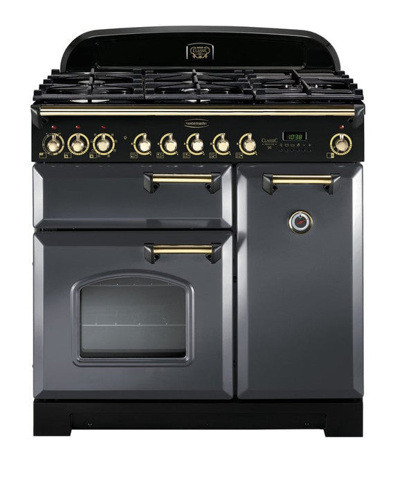 dual fuel rangemaster classic deluxe 90 in slate with brass trim