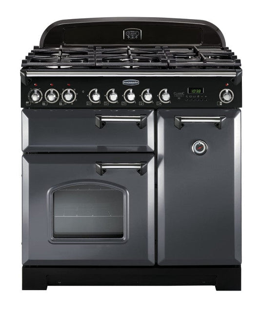 dual fuel rangemaster classic deluxe 90 in slate with chrome trim