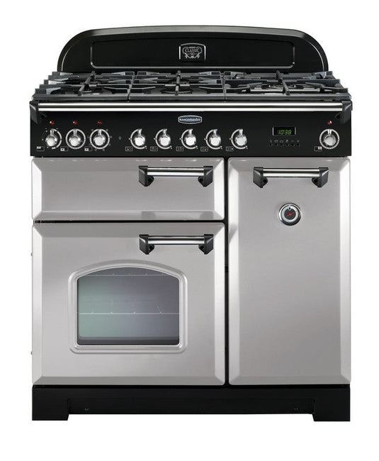 dual fuel rangemaster classic deluxe 90 in royal pearl with chrome trim