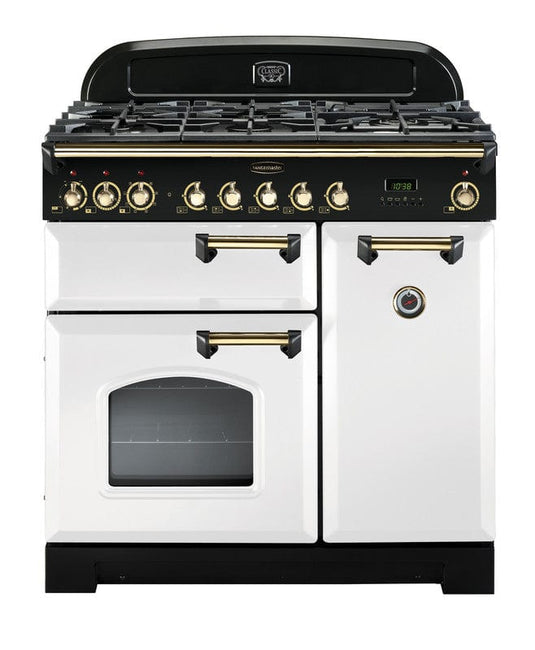 dual fuel rangemaster classic deluxe 90 in white with brass trim