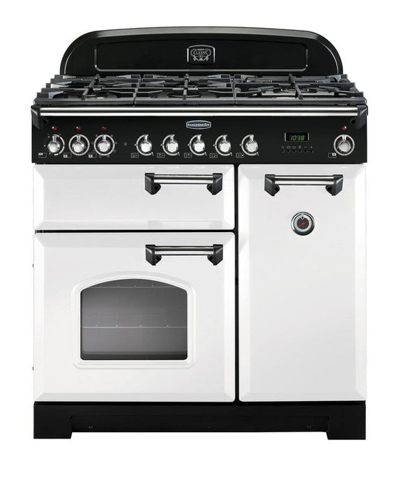 dual fuel rangemaster classic deluxe 90 in white with chrome trim