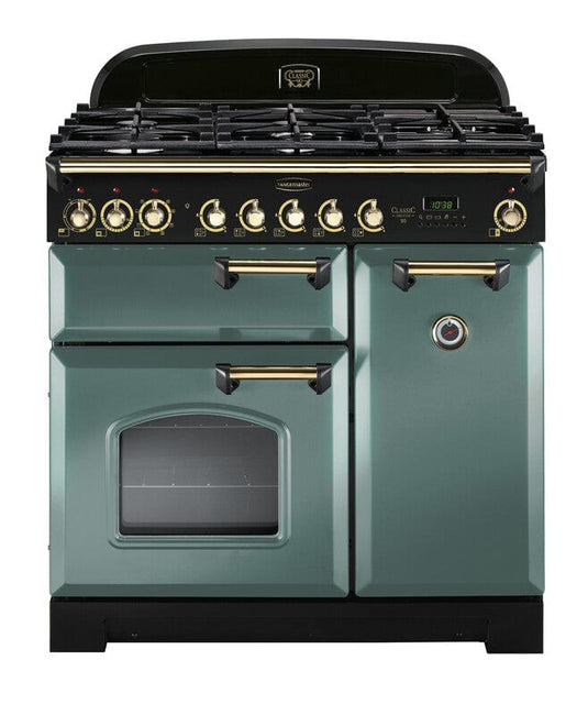 dual fuel rangemaster classic deluxe 90 in mineral green with chrome trim