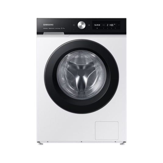 white washing machine with black door and black control panel