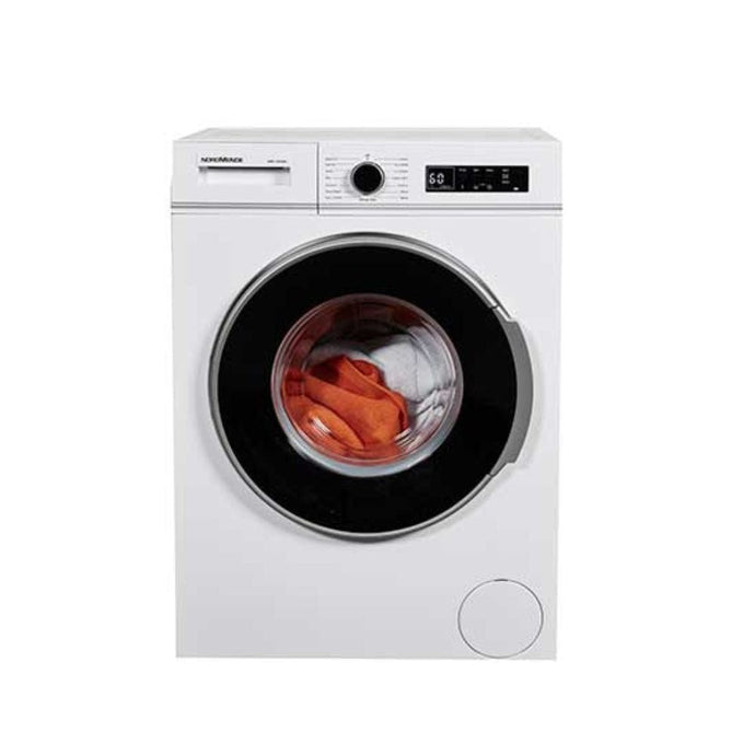 white washing machine with black door