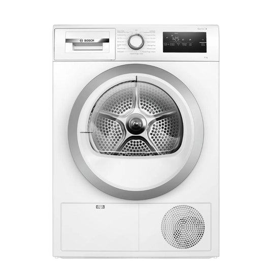 white condenser dryer with silver and white door