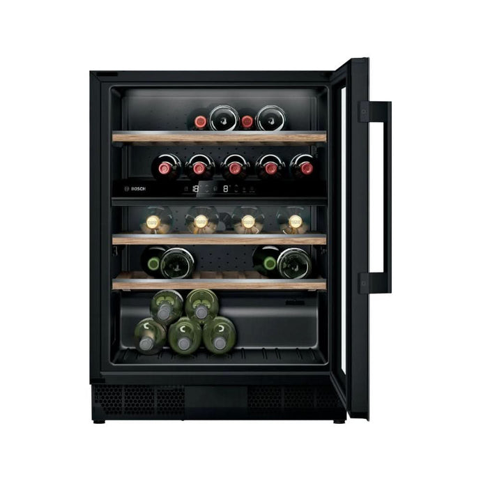 integrated wine cooler in the colour black with glass door