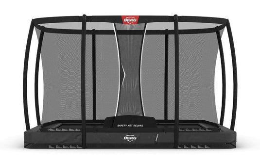 grey rectangular inground trampoline with safety net