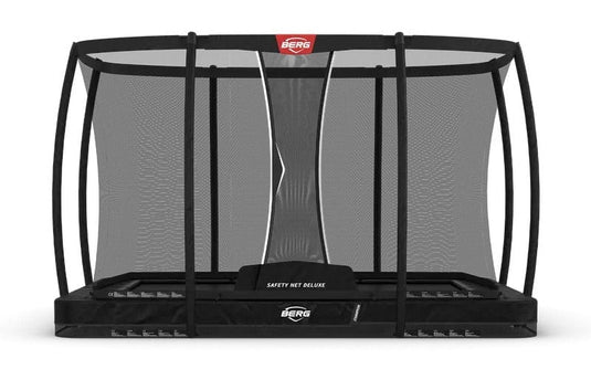 black rectangular inground trampoline with safety net