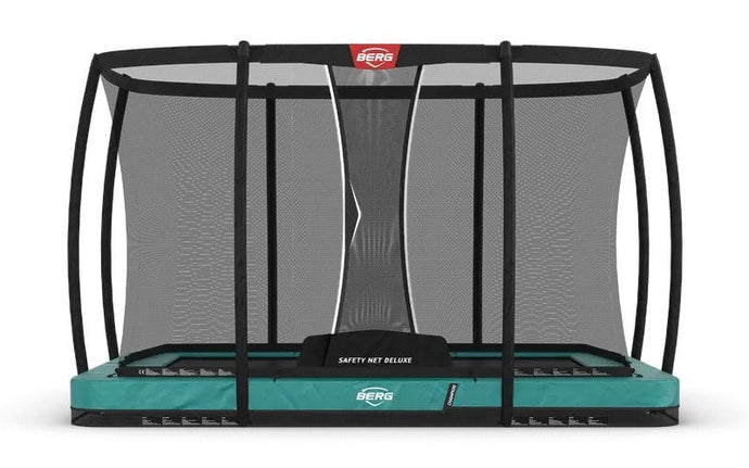 green rectangular inground trampoline with safety net