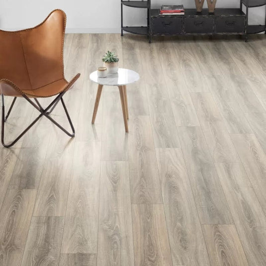 bordeaux oak grey plank laminate flooring on display in a home setting