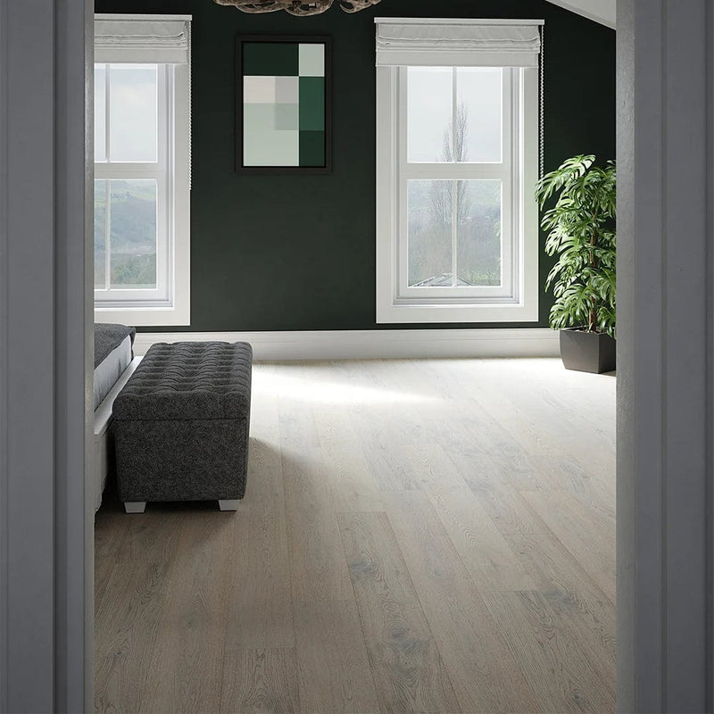 Load image into Gallery viewer, mountain glade rustic oak white flooring on display in a bedroom
