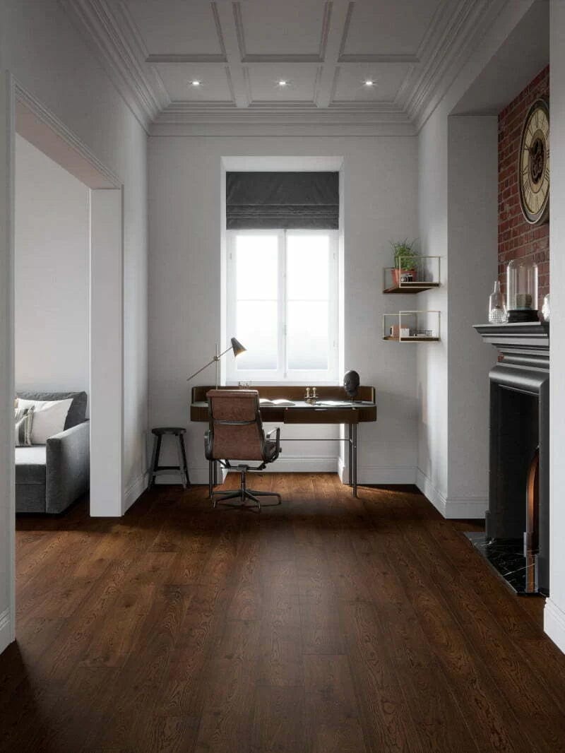 Załaduj obraz do przeglądarki galerii, mountain rustic oak deep smoked flooring displayed in a home office
